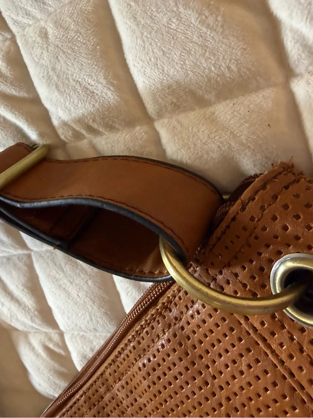 GAL Cognac Brown Faux Leather Perforated Multi Pocket Crossbody Bag Purse